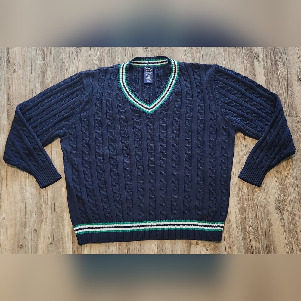 Vintage John Blair Varsity Cable Knit V-Neck Sweater Mens 2XL Blue, relaxed fit.